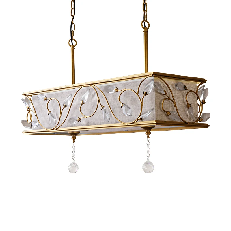 8-lichts kubusvormige eilandhangende vintage gouden vlas-plafondlamp met kristallen accent Clearhalo