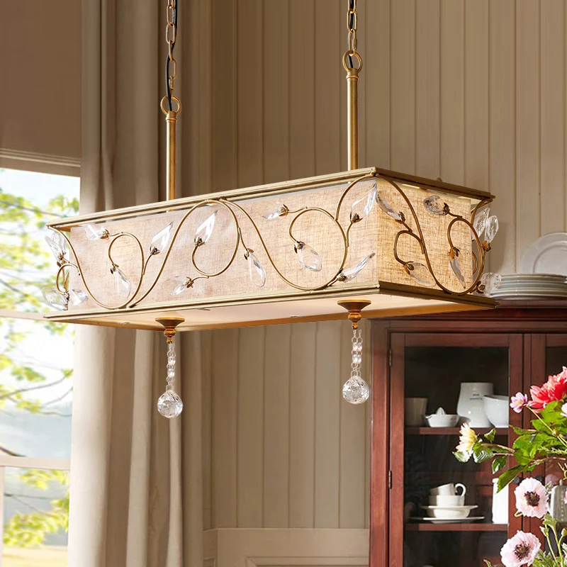 8-lichts kubusvormige eilandhangende vintage gouden vlas-plafondlamp met kristallen accent Clearhalo