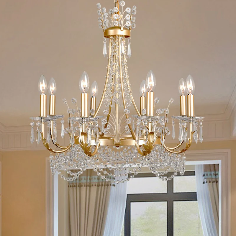 8-lichts swooping arm kroonluchter licht platteland gouden kristallen plafondhanger voor slaapkamer Clearhalo