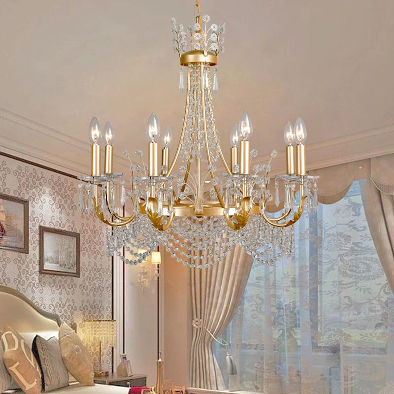 8-lichts swooping arm kroonluchter licht platteland gouden kristallen plafondhanger voor slaapkamer Clearhalo