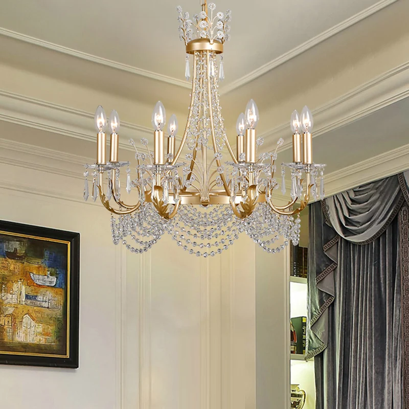 8-lichts swooping arm kroonluchter licht platteland gouden kristallen plafondhanger voor slaapkamer Clearhalo