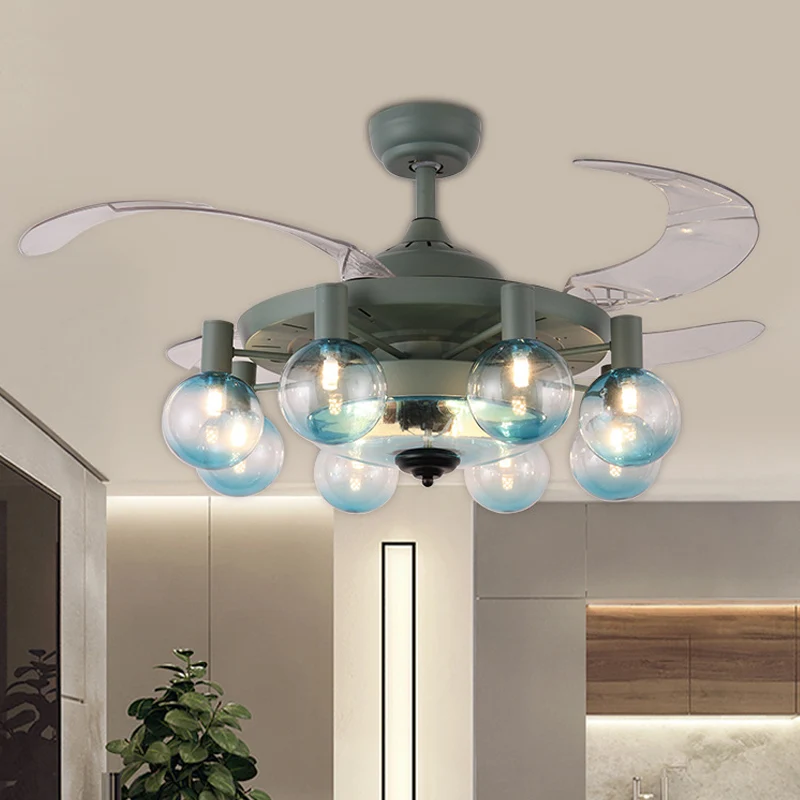 42" W 8-lichts ventilatorlamp Eenvoud Slaapkamer 4 bladen semi-inbouwlamp met bolvormige helderglazen kap donkergroen, afs...