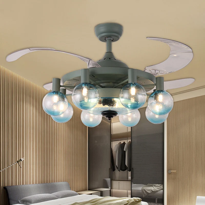 42" W 8-lichts ventilatorlamp Eenvoud Slaapkamer 4 bladen semi-inbouwlamp met bolvormige helderglazen kap donkergroen, afs...