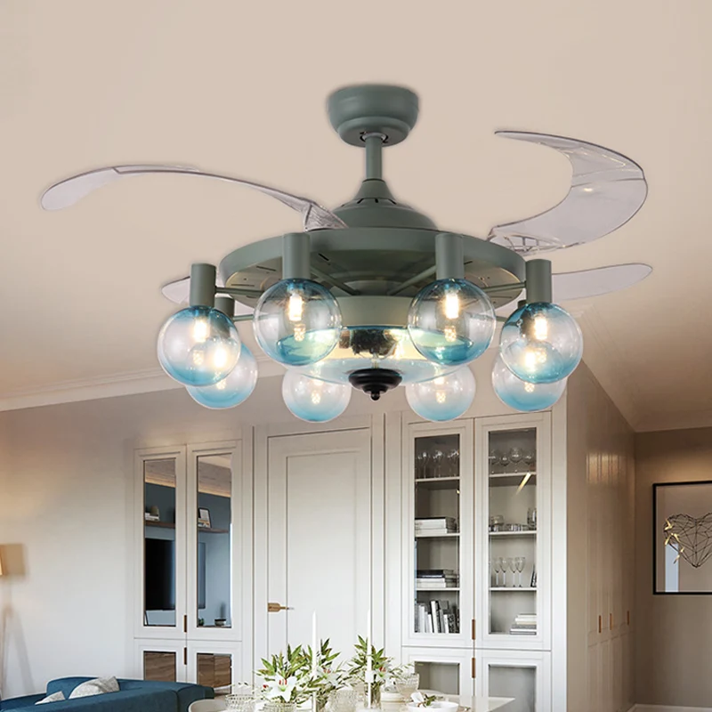 42" W 8-lichts ventilatorlamp Eenvoud Slaapkamer 4 bladen semi-inbouwlamp met bolvormige helderglazen kap donkergroen, afs...