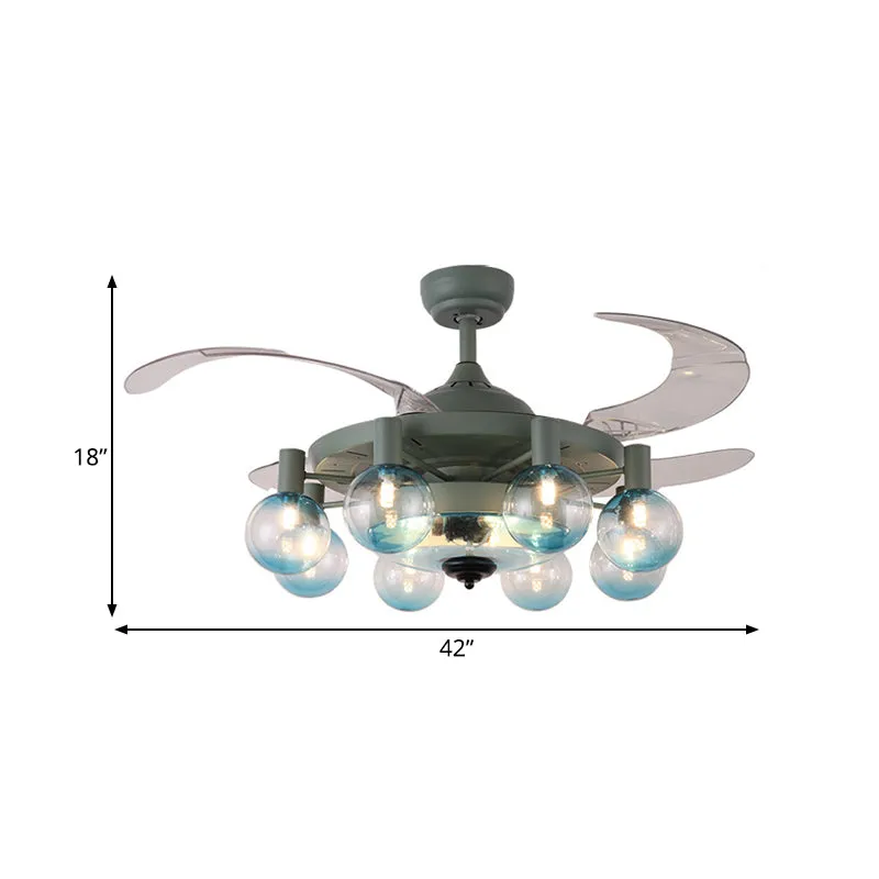 42" W 8-lichts ventilatorlamp Eenvoud Slaapkamer 4 bladen semi-inbouwlamp met bolvormige helderglazen kap donkergroen, afs...