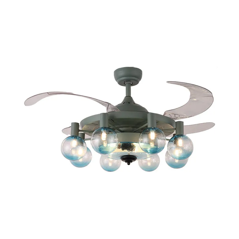 42" W 8-lichts ventilatorlamp Eenvoud Slaapkamer 4 bladen semi-inbouwlamp met bolvormige helderglazen kap donkergroen, afs...