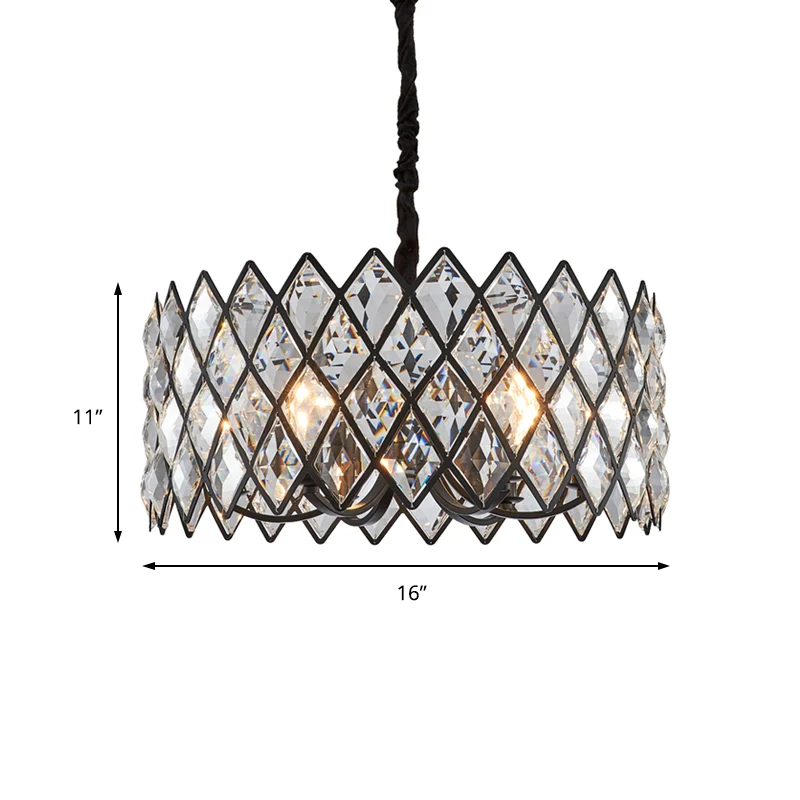 8-lichts woonkamer plafondhanger postmoderne zwarte kroonluchterlamp met trommelkristal en metalen kap Clearhalo