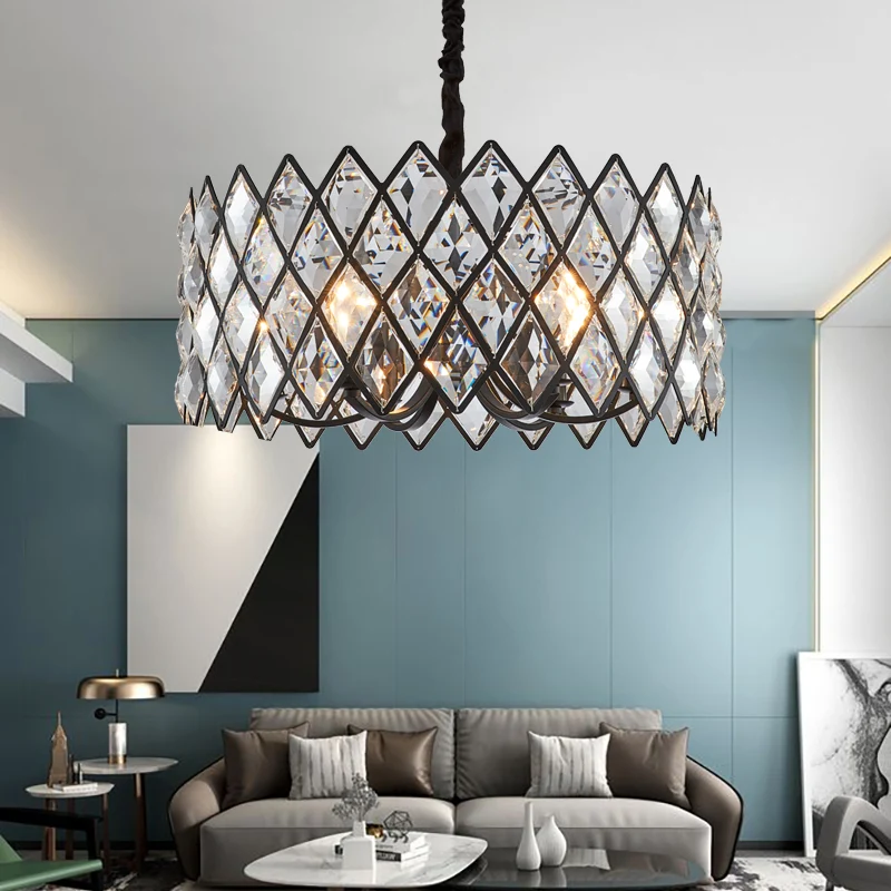 8-lichts woonkamer plafondhanger postmoderne zwarte kroonluchterlamp met trommelkristal en metalen kap Clearhalo