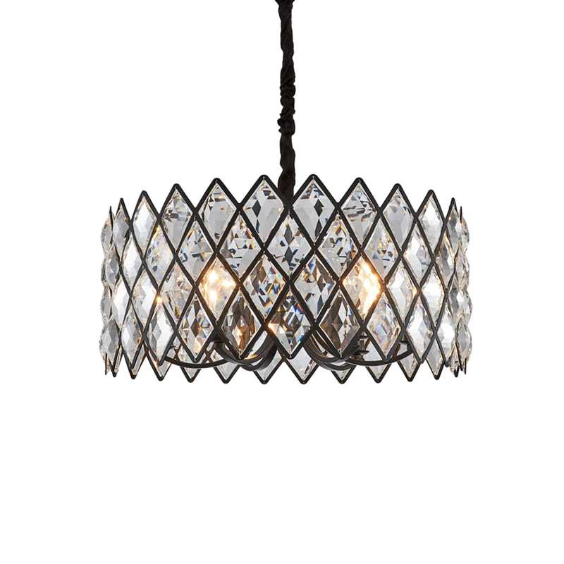 8-lichts woonkamer plafondhanger postmoderne zwarte kroonluchterlamp met trommelkristal en metalen kap Clearhalo