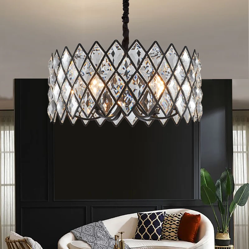 8-lichts woonkamer plafondhanger postmoderne zwarte kroonluchterlamp met trommelkristal en metalen kap Clearhalo