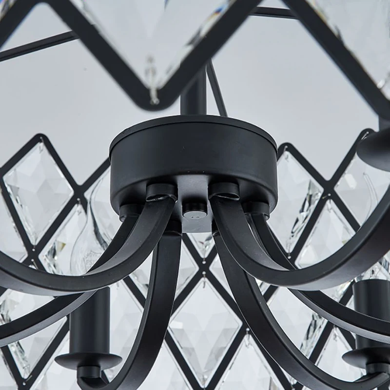 8-lichts woonkamer plafondhanger postmoderne zwarte kroonluchterlamp met trommelkristal en metalen kap Clearhalo