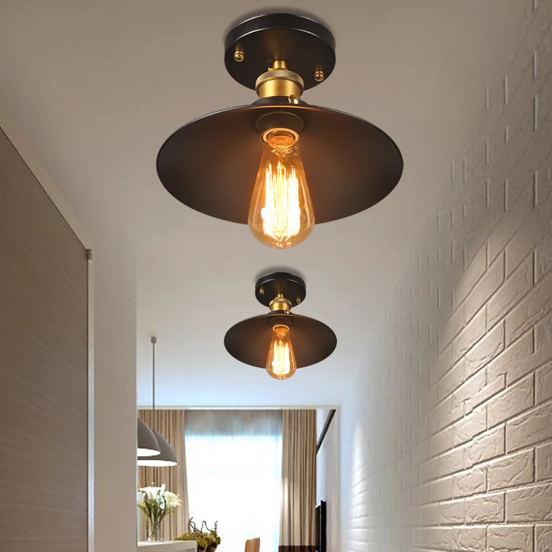 9.5"/10" Dia Platte Schaduw Gang Plafondgemonteerd Licht Industrieel Metallic 1 Kop Semi-inbouwlamp zwart Clearhalo