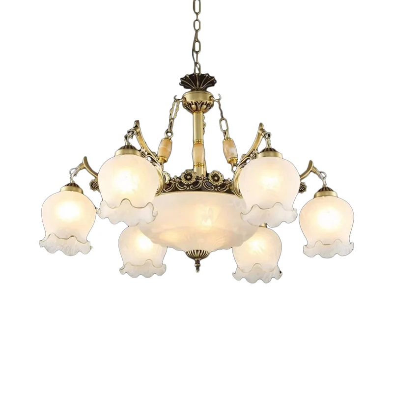 9-kops ivoorkleurige glazen hanglamp, traditioneel wit/brons bloem woonkamer kroonluchter licht Clearhalo