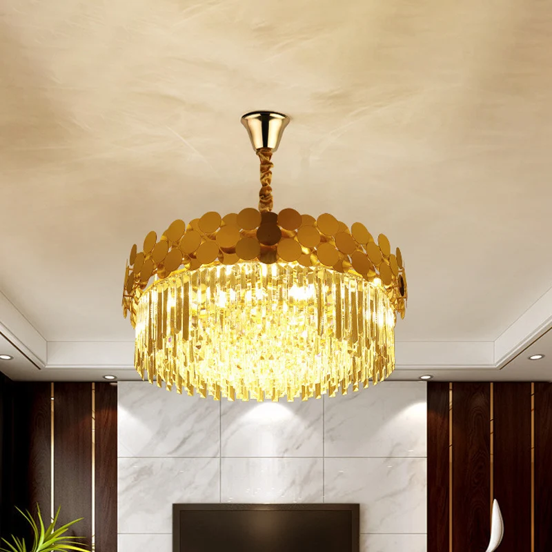 9-kops kroonluchterverlichting Country Drum kristallen hanglampset goud met metalen gestippeld ontwerp Clearhalo