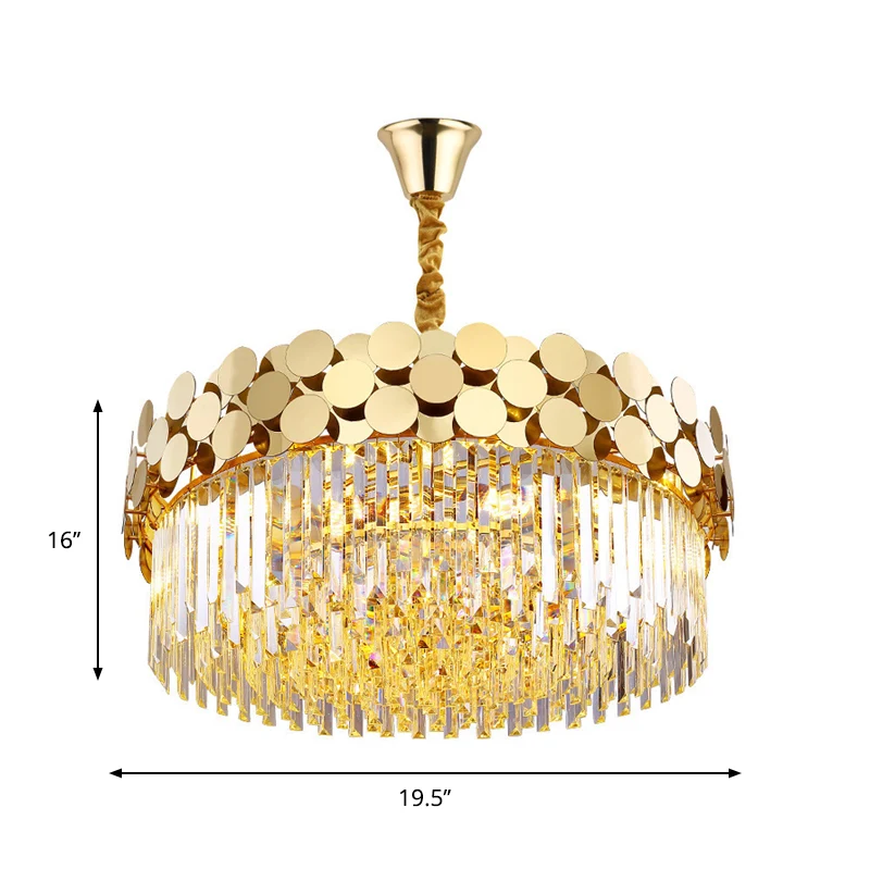 9-kops kroonluchterverlichting Country Drum kristallen hanglampset goud met metalen gestippeld ontwerp Clearhalo