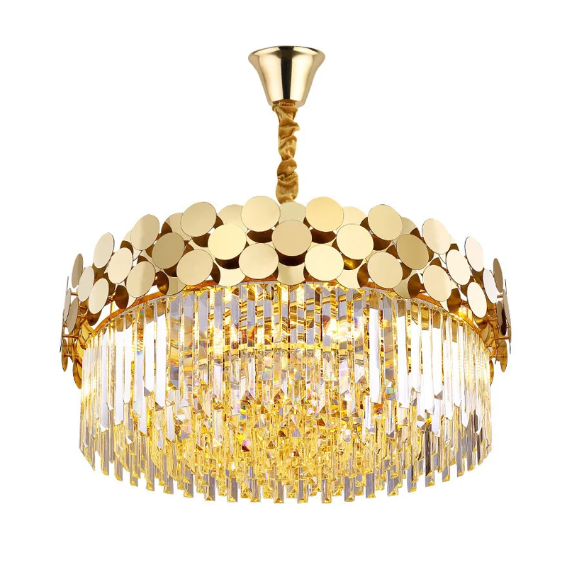 9-kops kroonluchterverlichting Country Drum kristallen hanglampset goud met metalen gestippeld ontwerp Clearhalo