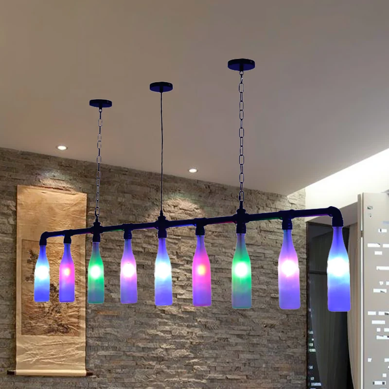 9-lichts eiland hanglamp art deco wijnfles kleurrijke glazen hangende plafondlamp zwart voor bar Clearhalo