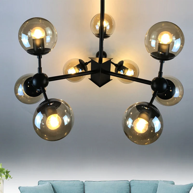 9-lichts kroonluchterverlichting Scandinavische zwarte hanglamp met globe cranberry glazen kap Clearhalo