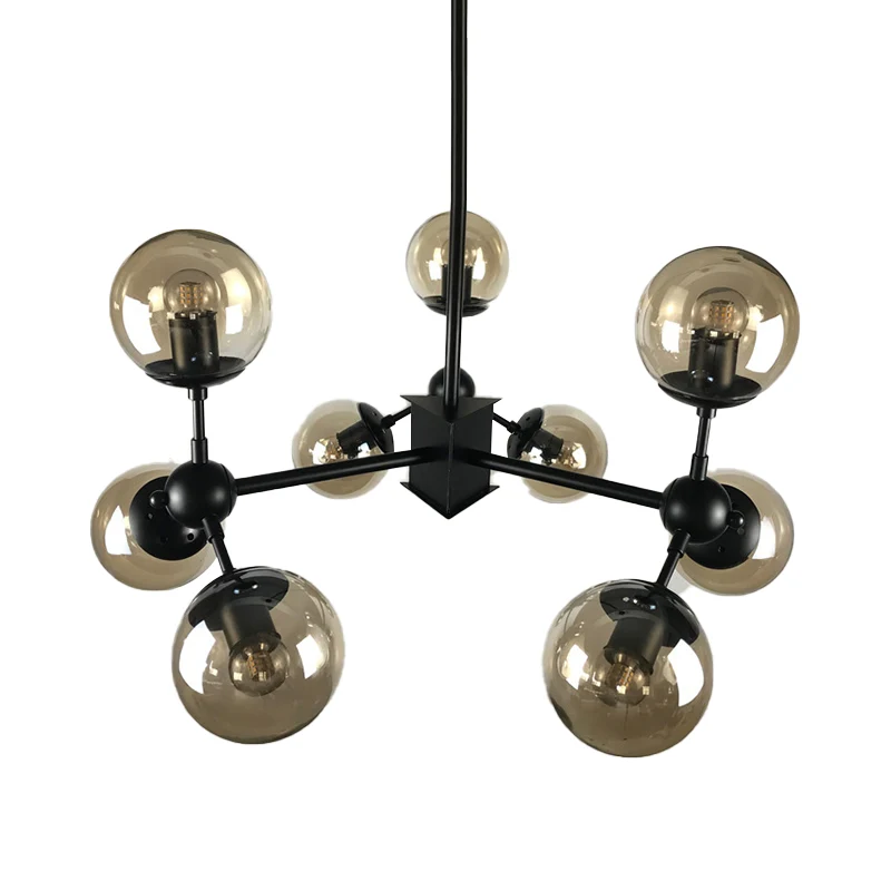 9-lichts kroonluchterverlichting Scandinavische zwarte hanglamp met globe cranberry glazen kap Clearhalo