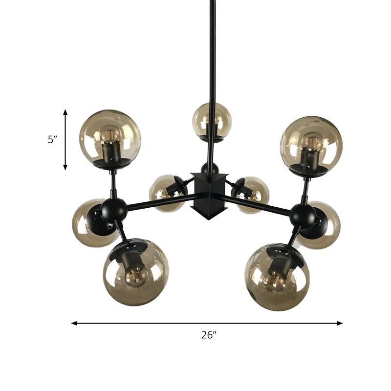 9-lichts kroonluchterverlichting Scandinavische zwarte hanglamp met globe cranberry glazen kap Clearhalo