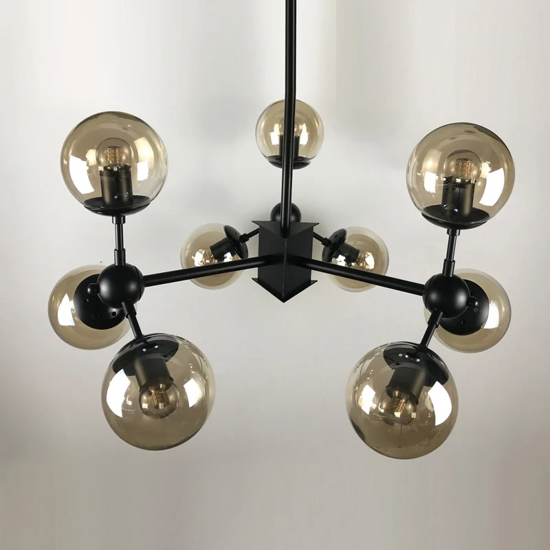 9-lichts kroonluchterverlichting Scandinavische zwarte hanglamp met globe cranberry glazen kap Clearhalo