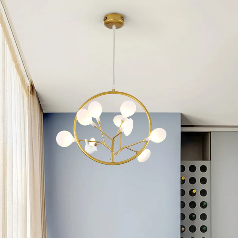9-lichts tak-hanglamp met vogeldeco, elegante metalen hanglamp goud voor stoffenwinkel Clearhalo