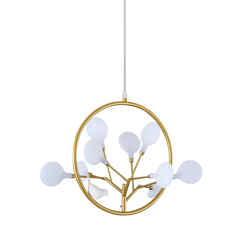 9-lichts tak-hanglamp met vogeldeco, elegante metalen hanglamp goud voor stoffenwinkel Clearhalo