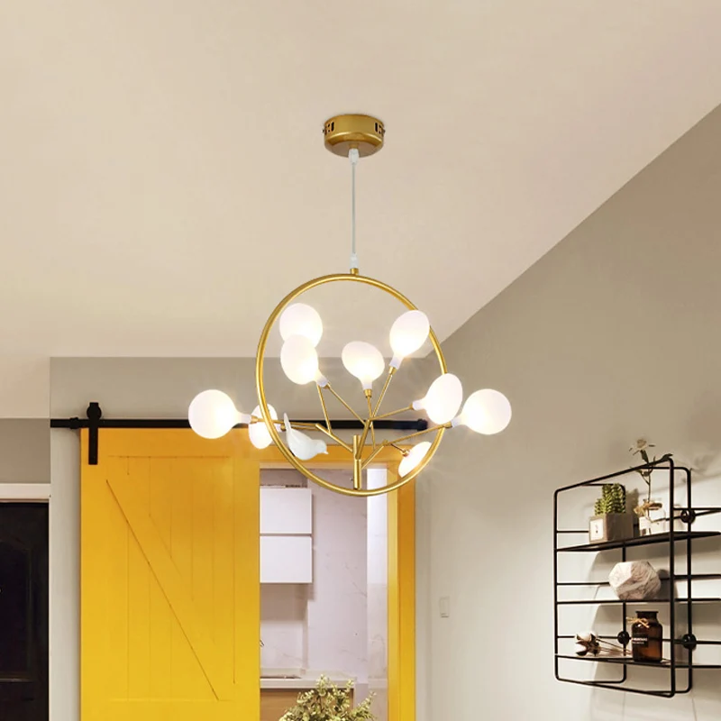 9-lichts tak-hanglamp met vogeldeco, elegante metalen hanglamp goud voor stoffenwinkel Clearhalo