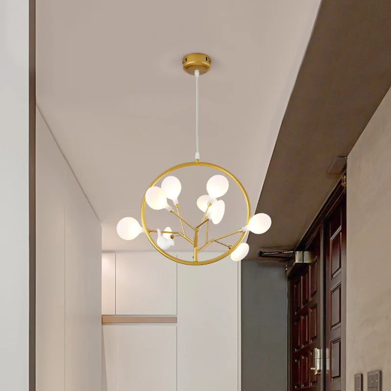 9-lichts tak-hanglamp met vogeldeco, elegante metalen hanglamp goud voor stoffenwinkel Clearhalo