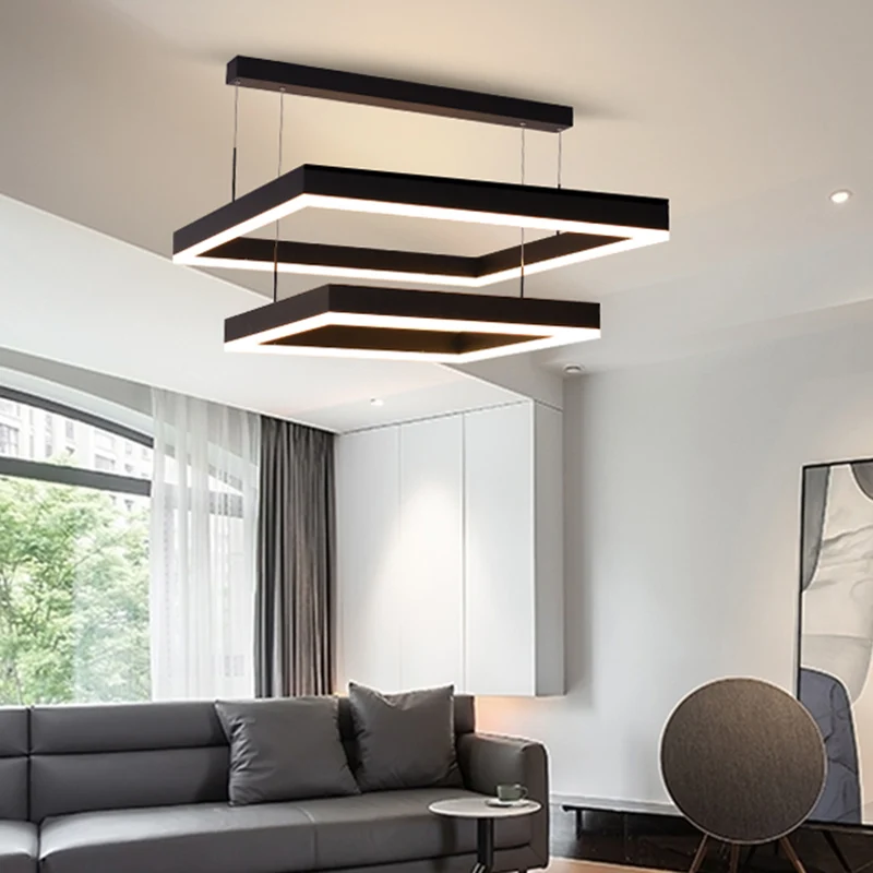 Acryl 2-laags vierkante LED-plafondverlichting Moderne zwarte kroonluchterlamp voor woonkamer Clearhalo
