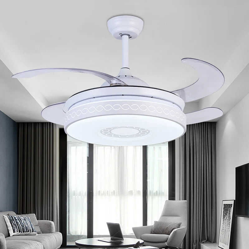 Acryl cirkel hangende ventilatorverlichting eigentijds LED 36" W woonkamer semi-inbouwlicht wit met 4 bladen, afstandsbedi...