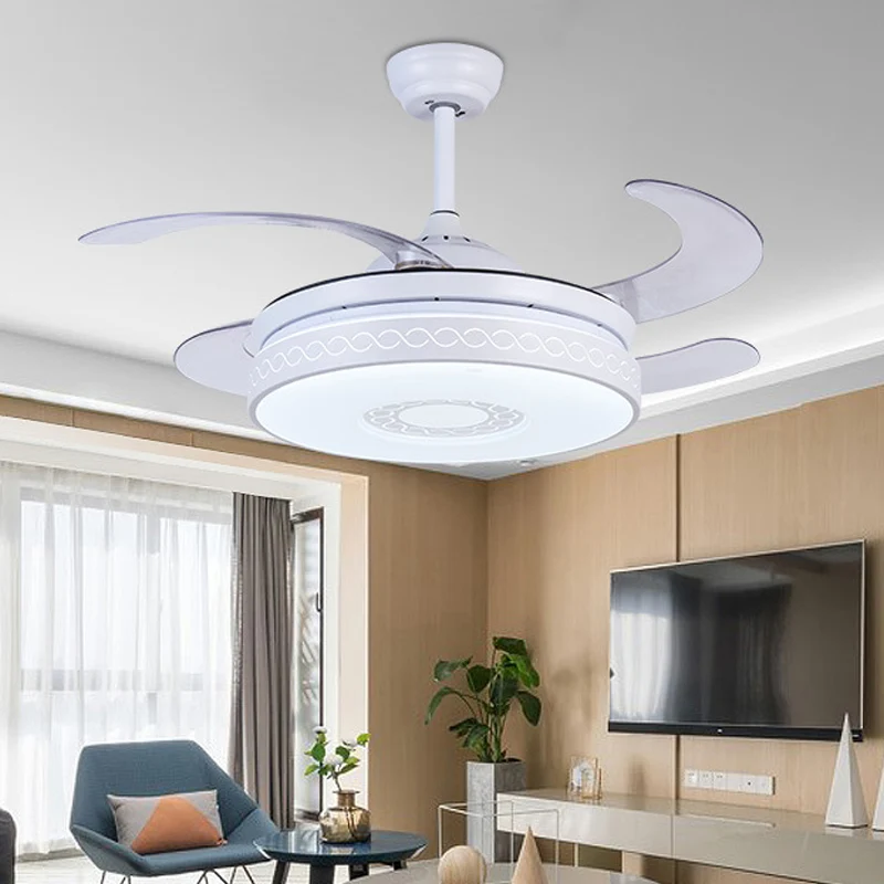 Acryl cirkel hangende ventilatorverlichting eigentijds LED 36" W woonkamer semi-inbouwlicht wit met 4 bladen, afstandsbedi...