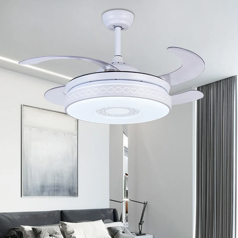 Acryl cirkel hangende ventilatorverlichting eigentijds LED 36" W woonkamer semi-inbouwlicht wit met 4 bladen, afstandsbedi...
