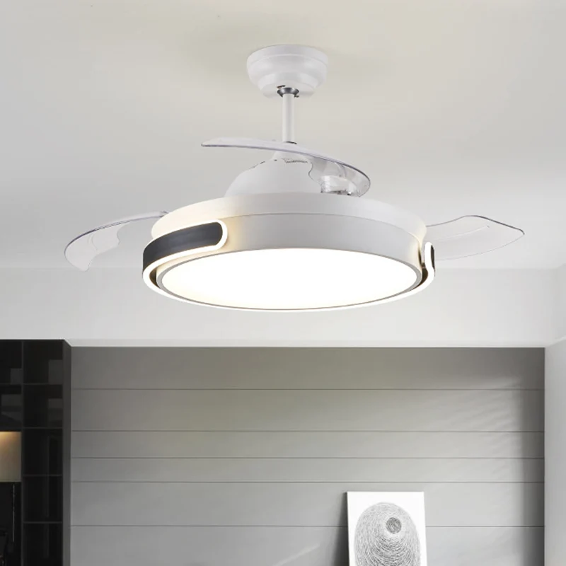 Acryl drum 3 bladen hangventilator licht moderne woonkamer LED semi-inbouwlamp wit met afstandsbediening, 36"/42" breed Cl...