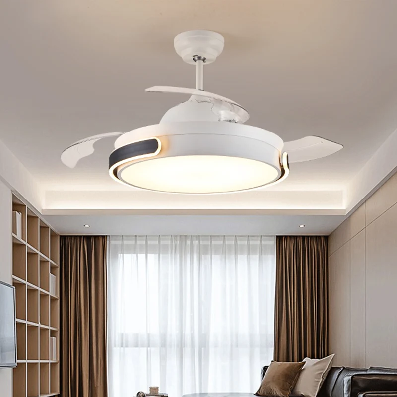 Acryl drum 3 bladen hangventilator licht moderne woonkamer LED semi-inbouwlamp wit met afstandsbediening, 36"/42" breed Cl...