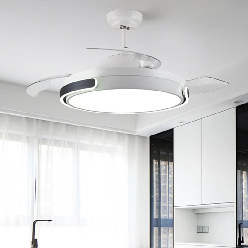 Acryl drum 3 bladen hangventilator licht moderne woonkamer LED semi-inbouwlamp wit met afstandsbediening, 36"/42" breed Cl...