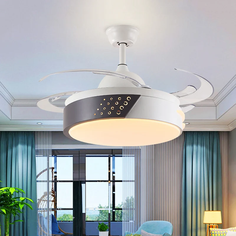 Acryl ring hangende ventilator licht minimalisme LED slaapkamer semi-inbouwverlichting zwart en wit met 4 bladen, 42" bree...