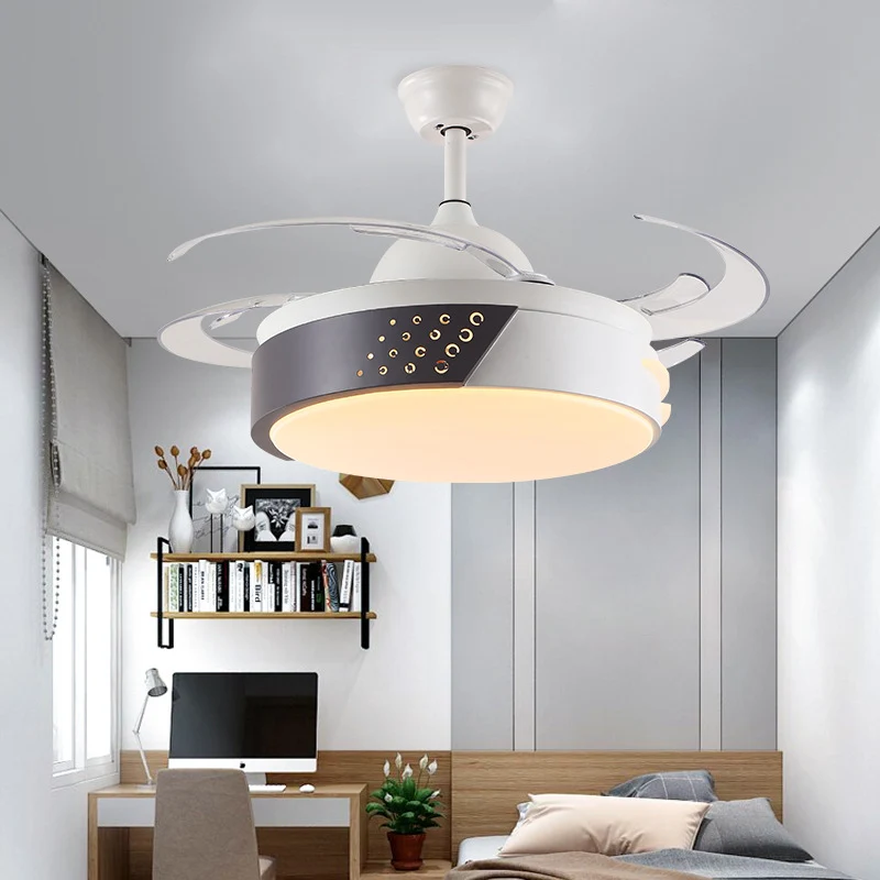 Acryl ring hangende ventilator licht minimalisme LED slaapkamer semi-inbouwverlichting zwart en wit met 4 bladen, 42" bree...