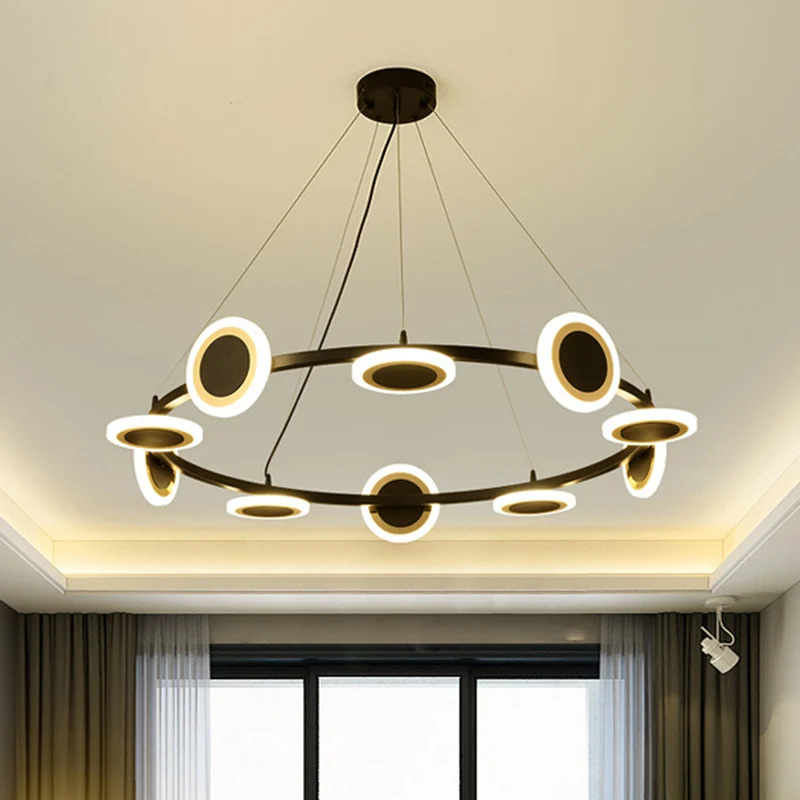 Acryl ring kroonluchter hanger modern 22"/30"/38" dia 10-lichts zwarte LED hanglamp met witte glazen kap Clearhalo