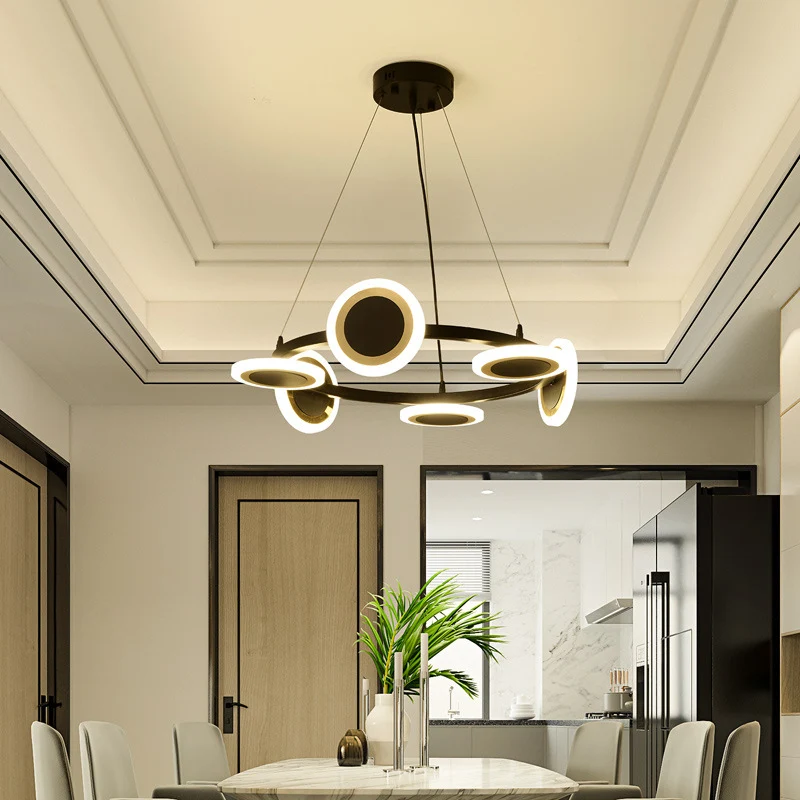 Acryl ring kroonluchter hanger modern 22"/30"/38" dia 10-lichts zwarte LED hanglamp met witte glazen kap Clearhalo
