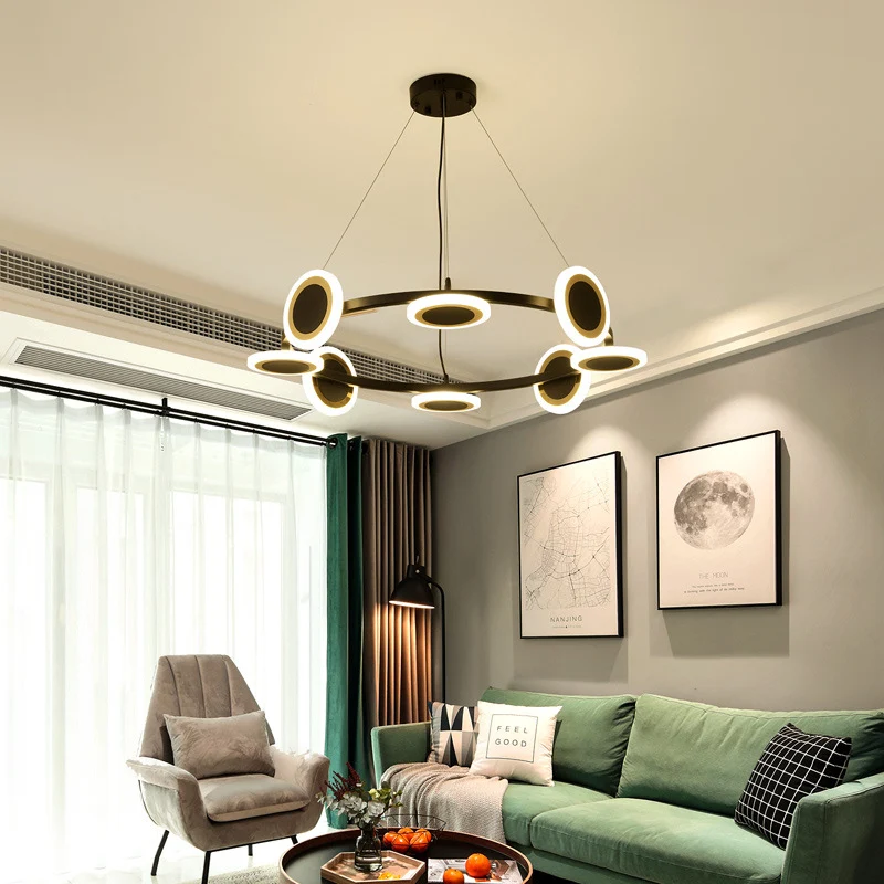 Acryl ring kroonluchter hanger modern 22"/30"/38" dia 10-lichts zwarte LED hanglamp met witte glazen kap Clearhalo