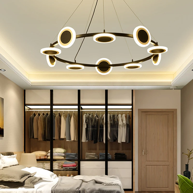 Acryl ring kroonluchter hanger modern 22"/30"/38" dia 10-lichts zwarte LED hanglamp met witte glazen kap Clearhalo