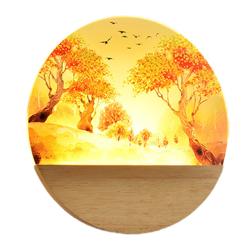 Acryl ronde herfstbomen wandverlichting Scandinavische stijl LED houten muurschildering licht voor gang Clearhalo