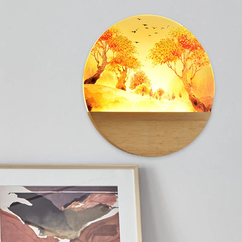 Acryl ronde herfstbomen wandverlichting Scandinavische stijl LED houten muurschildering licht voor gang Clearhalo