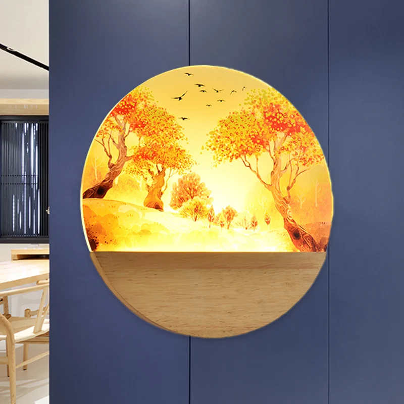 Acryl ronde herfstbomen wandverlichting Scandinavische stijl LED houten muurschildering licht voor gang Clearhalo