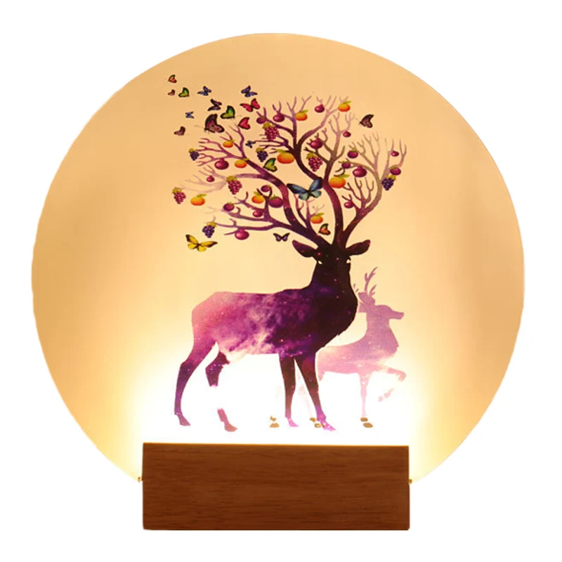 Acryl ronde wandlamp met elandenpatroon Chinese stijl LED houten muurschilderinglamp voor slaapkamer Clearhalo