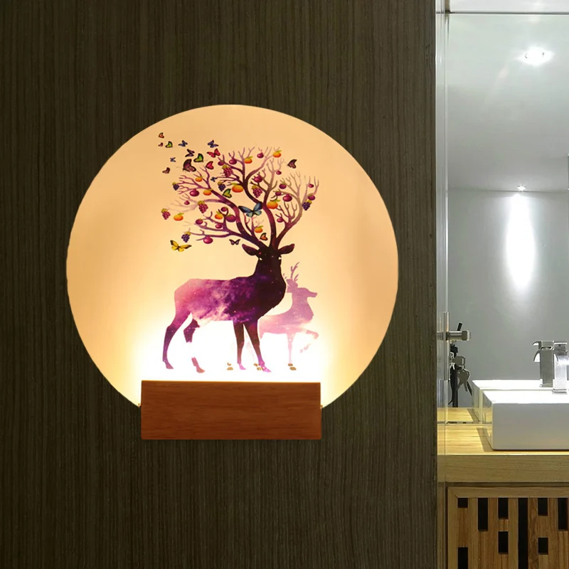 Acryl ronde wandlamp met elandenpatroon Chinese stijl LED houten muurschilderinglamp voor slaapkamer Clearhalo