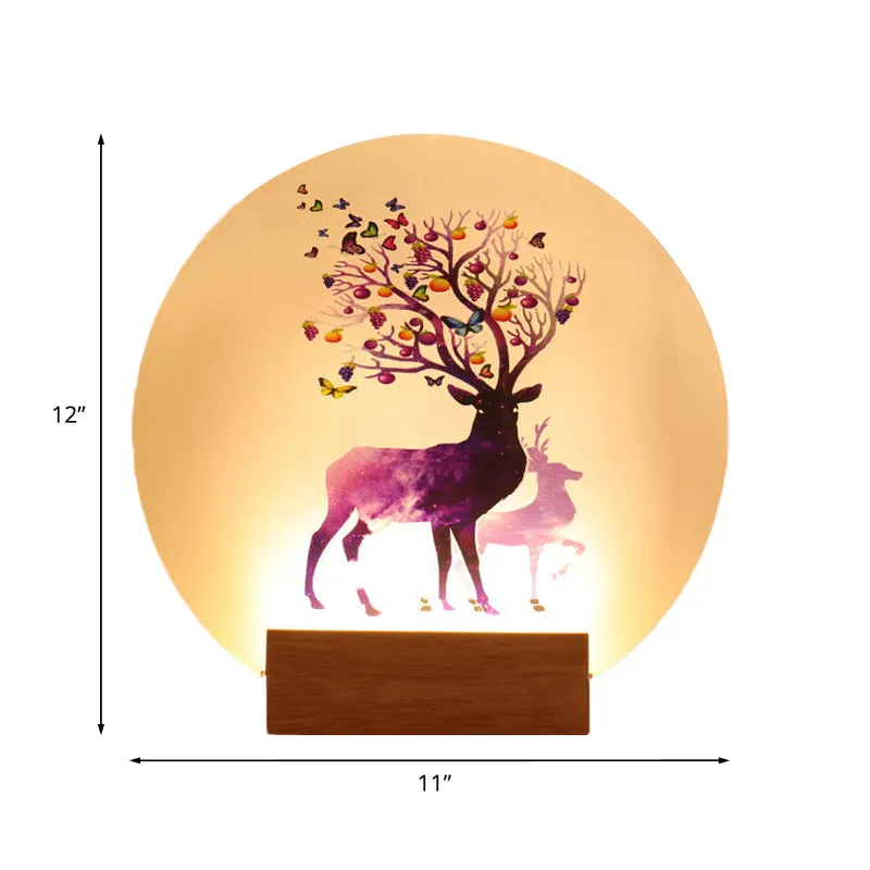Acryl ronde wandlamp met elandenpatroon Chinese stijl LED houten muurschilderinglamp voor slaapkamer Clearhalo