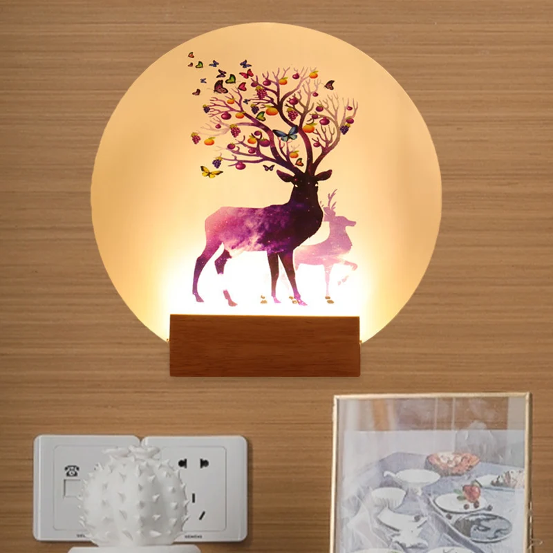 Acryl ronde wandlamp met elandenpatroon Chinese stijl LED houten muurschilderinglamp voor slaapkamer Clearhalo