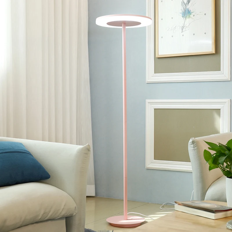 Acryl schijfvormige staande lamp Macaron-stijl LED-vloerverlichting met slanke buisvormige steel roze/geel, warm/wit licht...